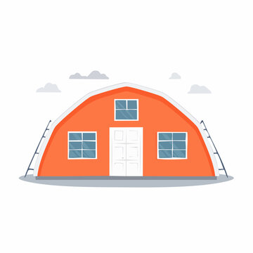 Orange Quonset Hut Building with Windows and Doors