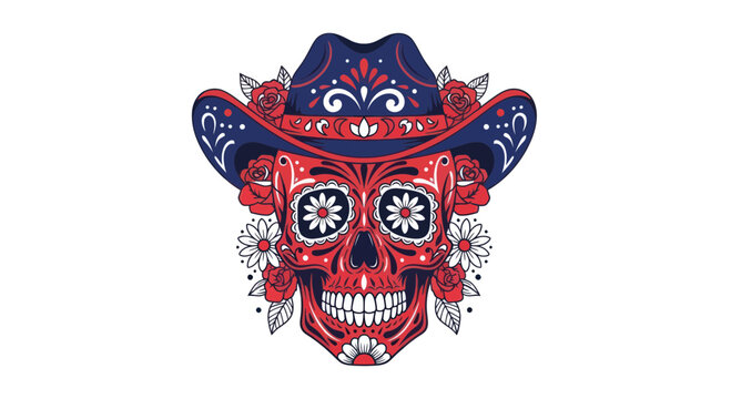 Sugar Skull Cowboy Hat Day of the Dead Vector Illustration