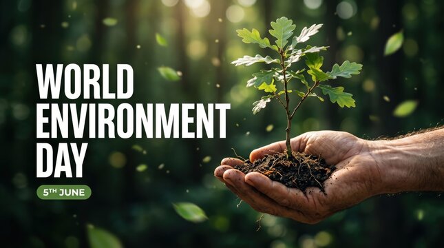 World Environment Day 5th June banner, hands holding small green plant sapling in forest, ecology and sustainability concept