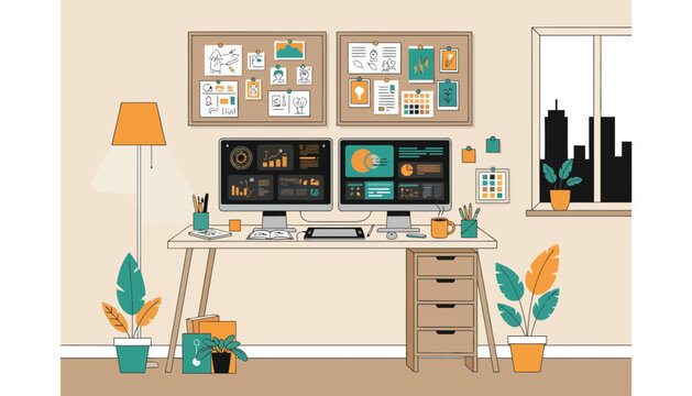 Modern office desk with dual monitors displaying business analytics charts and city view, cork board