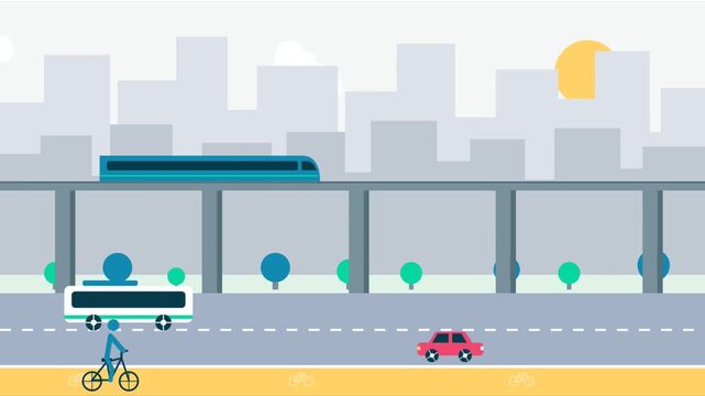 Flat Vector Animation of City Traffic with Train Bus and Cyclist
