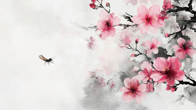 Chinese ink painting style pink flowers grasshopper within electronic screen frame simple lines blooming pink fluttering petals vigorous brushstrokes strong traditional flavor white background pink gr