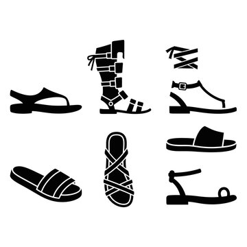 Collection of Black Sandals and Flip-Flops Icons on White Background