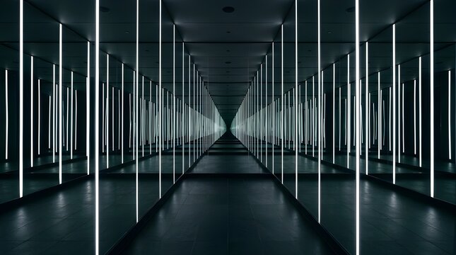 A dark room with a long corridor and white lights