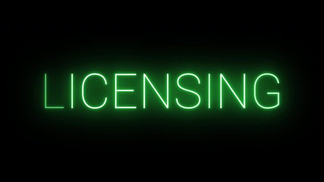 Flickering neon green glowing licensing sign animated black background.