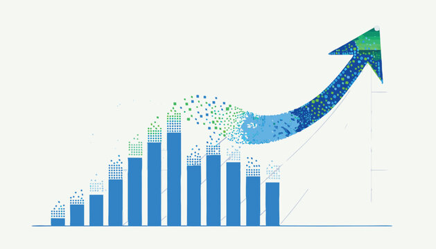 Dynamic blue and green bar chart transforming into an upward arrow, symbolizing business growth