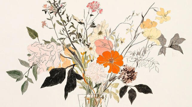 Chinese style vase arrangement light pink pale yellow on white background ink drawn details green leaves pink petals orange flowers light beige dark brown hand painted soft lines subtle color flat com