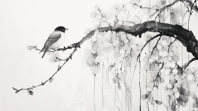 Chinese ink wash bird perched on ancient willow with lotuses blooming at roots light gray white background close up shot clear feather beak eye details elegant soft tranquil