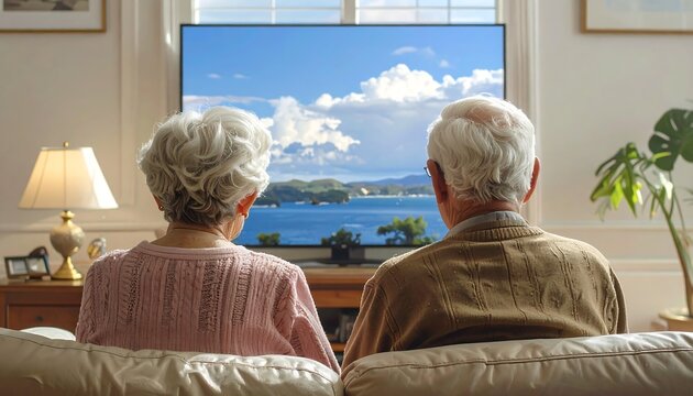 Elderly couple watching serene coastal scene on TV