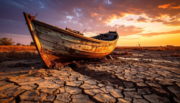 Old wooden boat stranded on dry cracked lakebed at sunset
