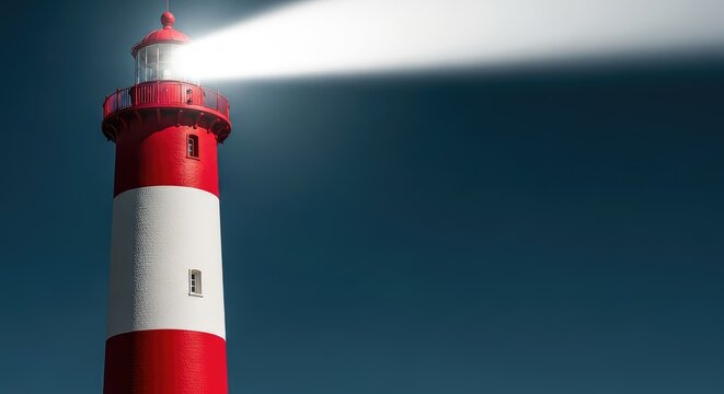 A classic lighthouse featuring bold red and white stripes stands alone, emitting a brilliant, glowing light beam from its top lantern house, glow, beam, vintage