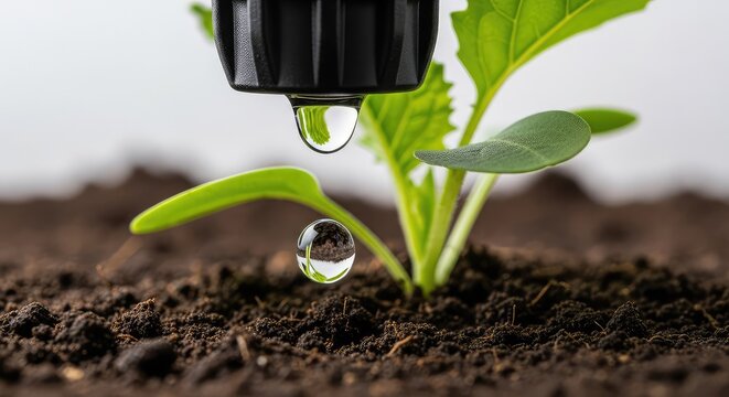 A close-up view of a black drip emitter releasing a clear water droplet onto the dark soil near the base of a young green vegetable plant, sprout, horticulture, rural