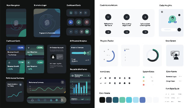 Ui UX design elements and wireframes for mobile app dashboard with bio metric login and analytics