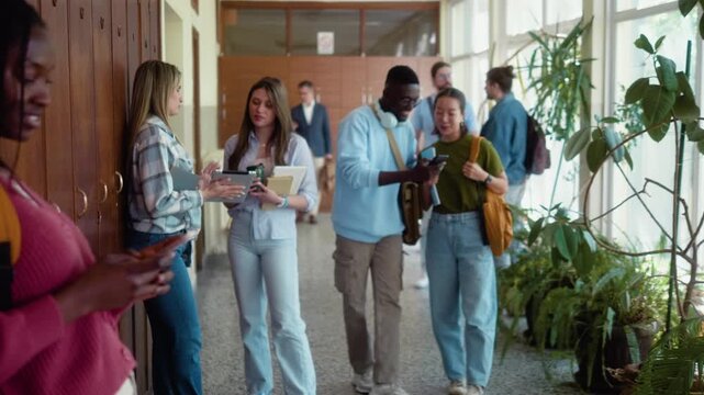 Diverse students walking and talking in university hallway during break. Female African student using smartphone while classmates socialize and move through campus corridor.