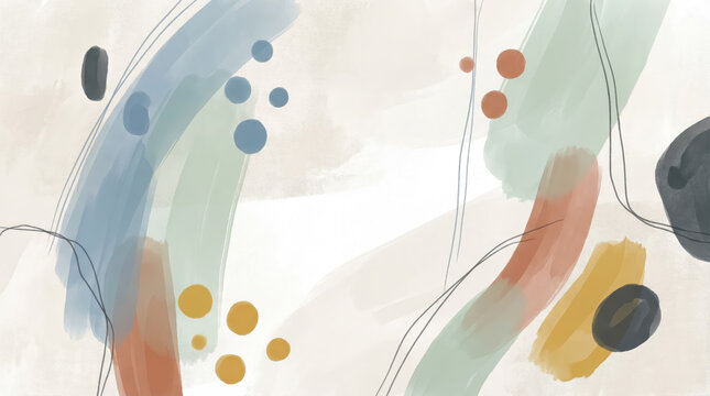 Abstract watercolor painting with soft blue, green, and ochre brushstrokes and thin black lines on a textured off-white background