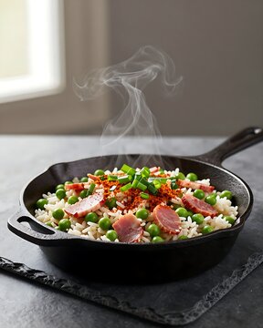 Steaming Hoppin' John with Tasso ham and green peas in a skillet