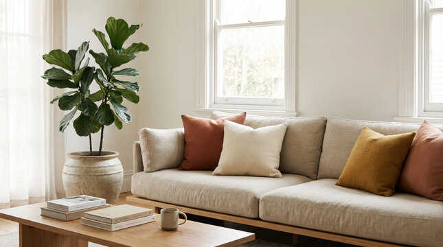 Cozy living room interior featuring a light-colored linen sofa with colorful throw pillows, a wooden coffee table, and a large fiddle leaf fig plant