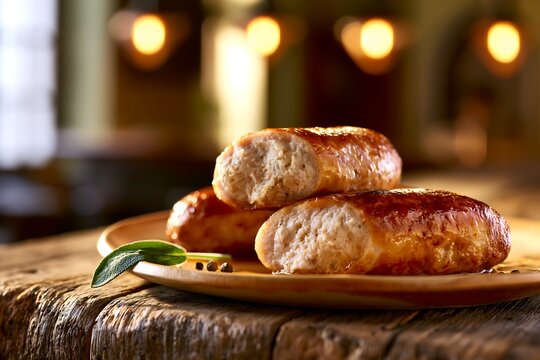 Boudin blanc meat sausages grilled on a rustic wooden table