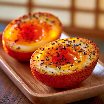 Ajitsuke tamago marinated eggs with chili flakes and sesame seeds