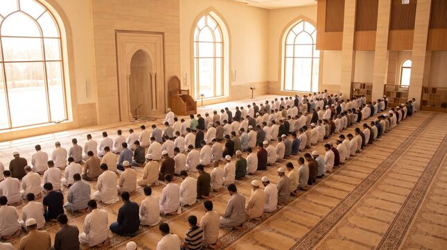 A Large Congregation of Muslim Faithful Engaged in Prayer Inside a Spacious, Sunlit Mosque, Demonstrating Unity and Devotion