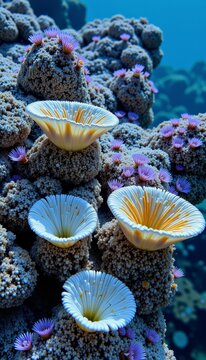 Vibrantly Textured Coral Reef with Sunlit Sea Anemones and Purple Polyps Underwater