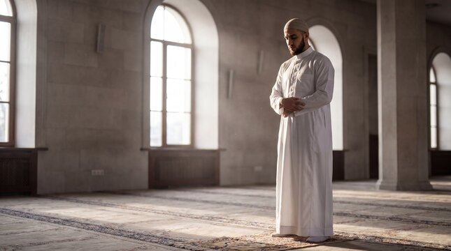 A pious Muslim man engages in heartfelt prayer within the serene, sun-drenched halls of a traditional mosque, fostering spiritual devotion and peaceful reflection