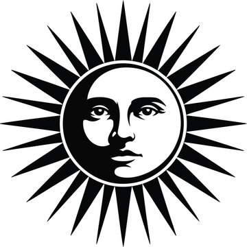 Black and white illustration of a sun with a face and rays
