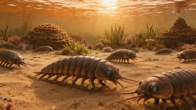 Ancient Cambrian Ocean Floor Trilobite Colony Living 500 Million Years Visualization