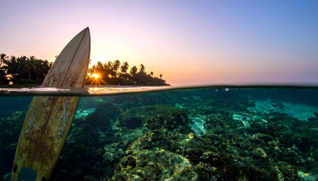 Wooden surfboard resting on coral reef at tropical sunrise