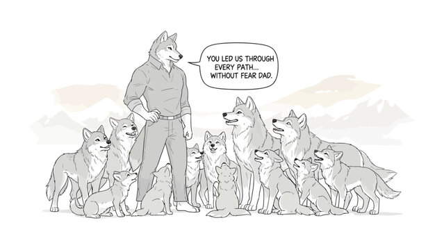 Leadership of The Pack: A wolf-like figure leads a pack of wolves, conveying a message of guidance and loyalty. A unique illustration that speaks of leadership and cooperation