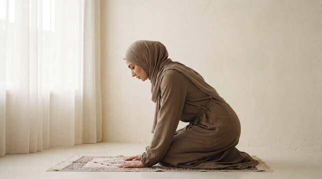 A peaceful and serene scene of deep devotion as a Muslim woman performs her daily prayer ritual, finding solace and spiritual connection within her home