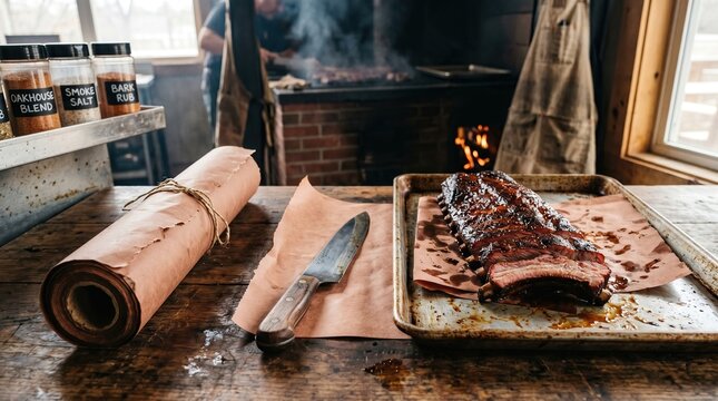 Smoked bbq ribs sizzling with flames on a rustic wooden table with spices and paper roll