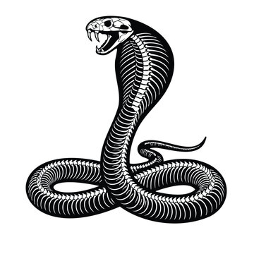 Skeleton cobra snake in attack pose on white background, tattoo style.