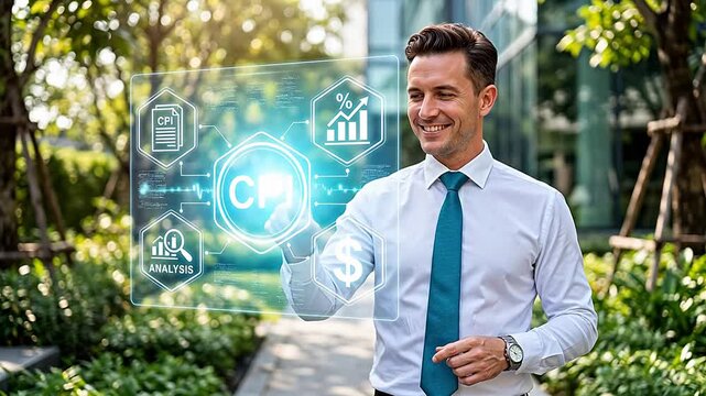 Businessman interacting with digital CPI interface symbolizing the cutting-edge of futuristic design