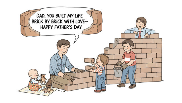 Father's Day Dedication: A heartwarming scene where a father is building a brick wall with his children, symbolizing the strength and love a father provides. The image conveys the message Dad.