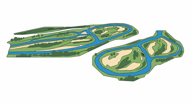 Stylized aerial view of a golf course with water hazards and green fairways