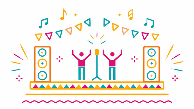 Vibrant carnival concert stage with joyful crowd colorful decorations music notes and speakers festive atmosphere fun event illustration