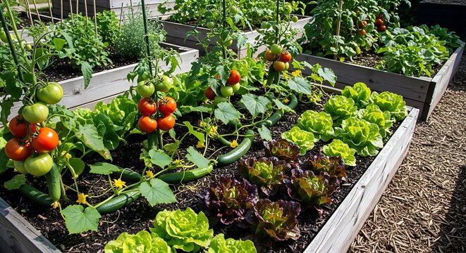 Fresh red tomatoes and green lettuce growing in a raised wooden garden bed in a sunny backyard. garten im sommer