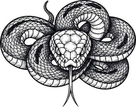 Detailed hand-drawn engraving of a coiled snake with flicking tongue. Perfect for tattoo designs, branding, and apparel graphics.