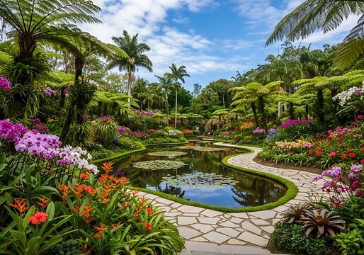 Beautiful tropical botanical garden with a peaceful pond and stone path on a sunny summer day. garten im sommer