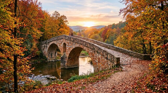 An ancient arched bridge crafted from colorful stones in earthy tones of rust, tan, and gray, spanning a gentle stream. Surrounded by vibrant autumn trees with red, orange, and gold leaves, fallen lea