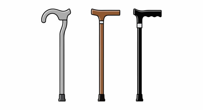 Three different walking canes, a curved silver, a T-shaped brown, and a ergonomic black