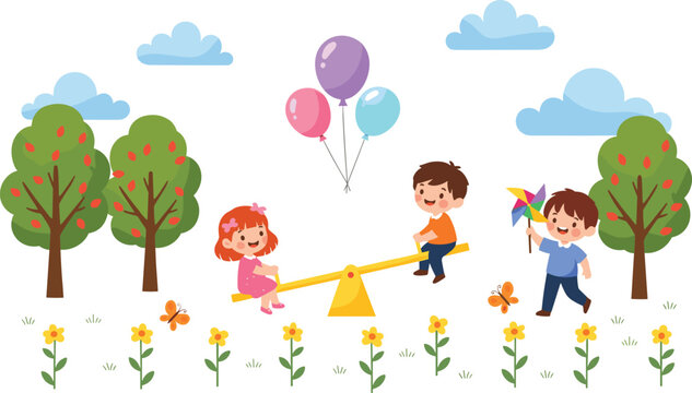 Children Playing on a Teeter Totter with Balloons and Pinwheels in a Garden
