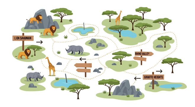 Safari park map vector illustration, wild animal zoo layout with lions and giraffes, african savanna landscape with rhino valley and giraffe heights