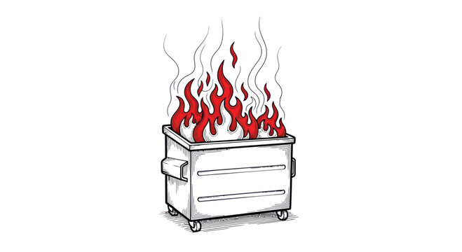 Burning dumpster fire illustration, concept of disaster, chaos, and crisis