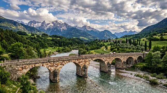 A grand Roman-era bridge built with richly textured multicolor stones, crossing a crystal-clear river. Towering mountains, lush green valleys, and dramatic clouds in the distance create a breathtaking