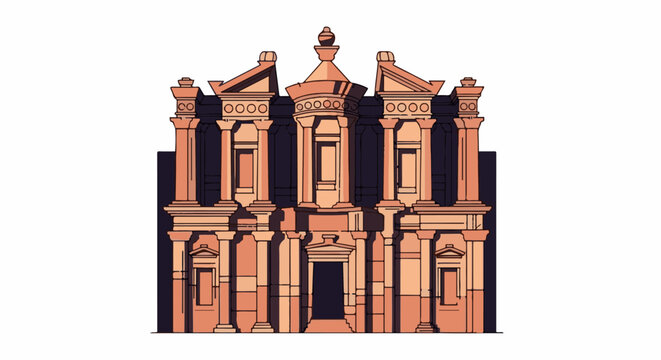 Stylized illustration of an ancient, ornate sandstone facade with columns and pediments