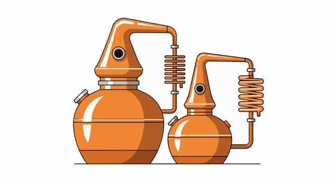 Two copper stills with connected tubes and cooling coils on white background