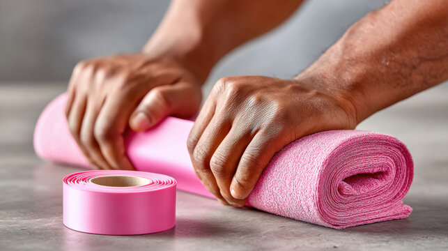 Closeup hands rolling a pink elastic resistance band and towel for wellness stretching and rehabilitation background for fitness design