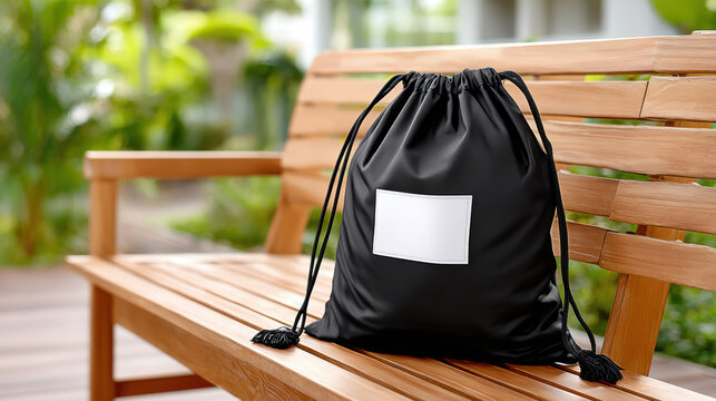 Black drawstring bag mockup on wooden bench with white label for product packaging mockup and outdoor branding presentation